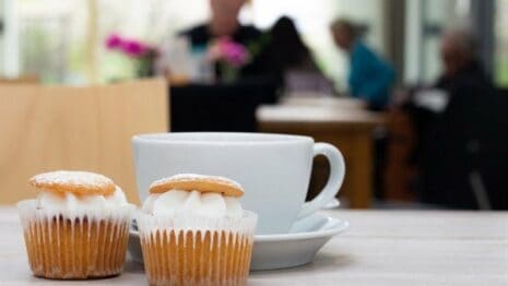 Close up of cakes and cup in hospice cafe