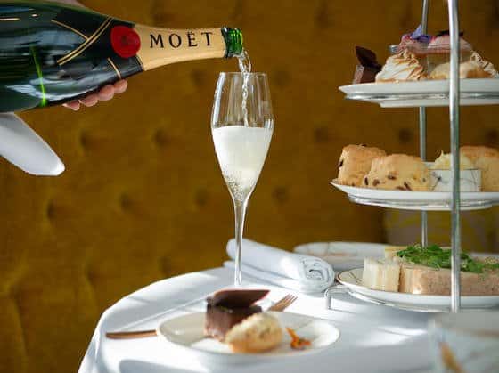 Champagne glass and cakes