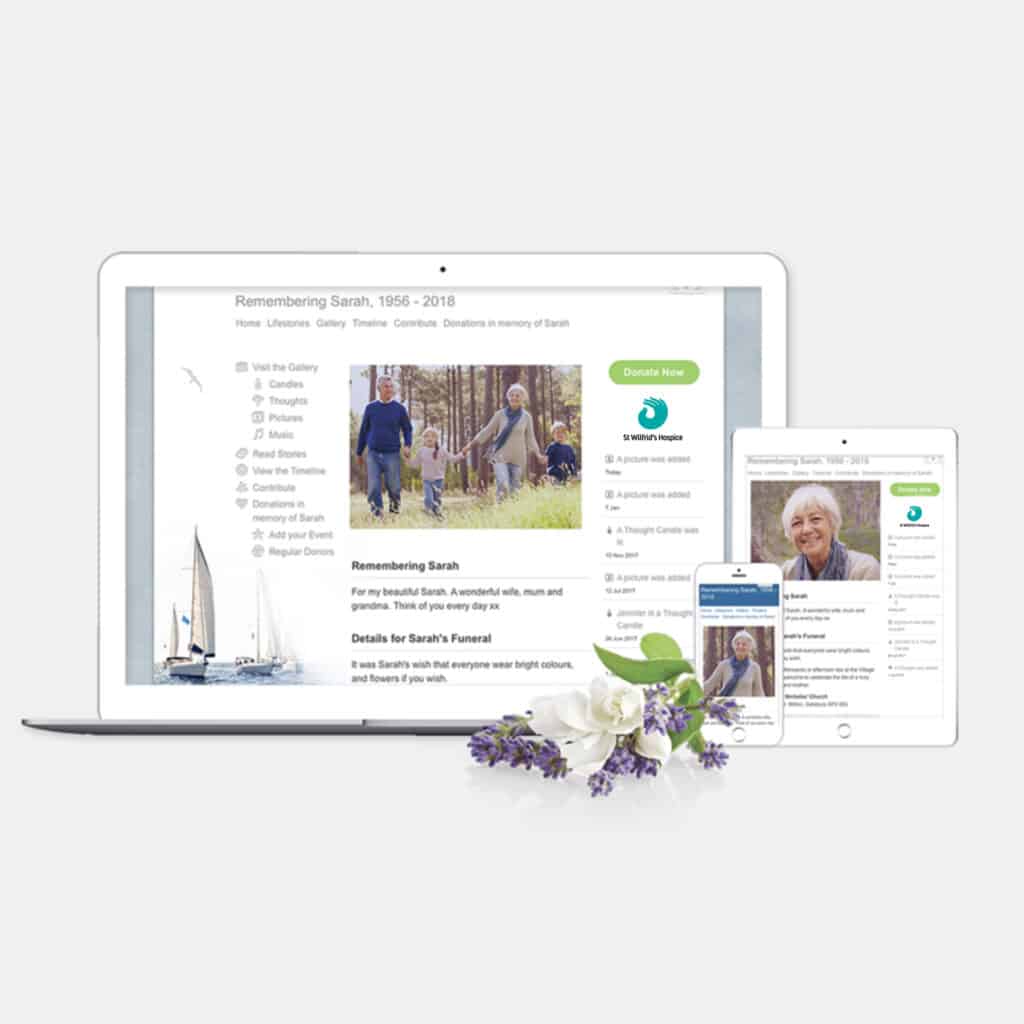 Photo of tribute page mocked up on Computer, tablet and phone