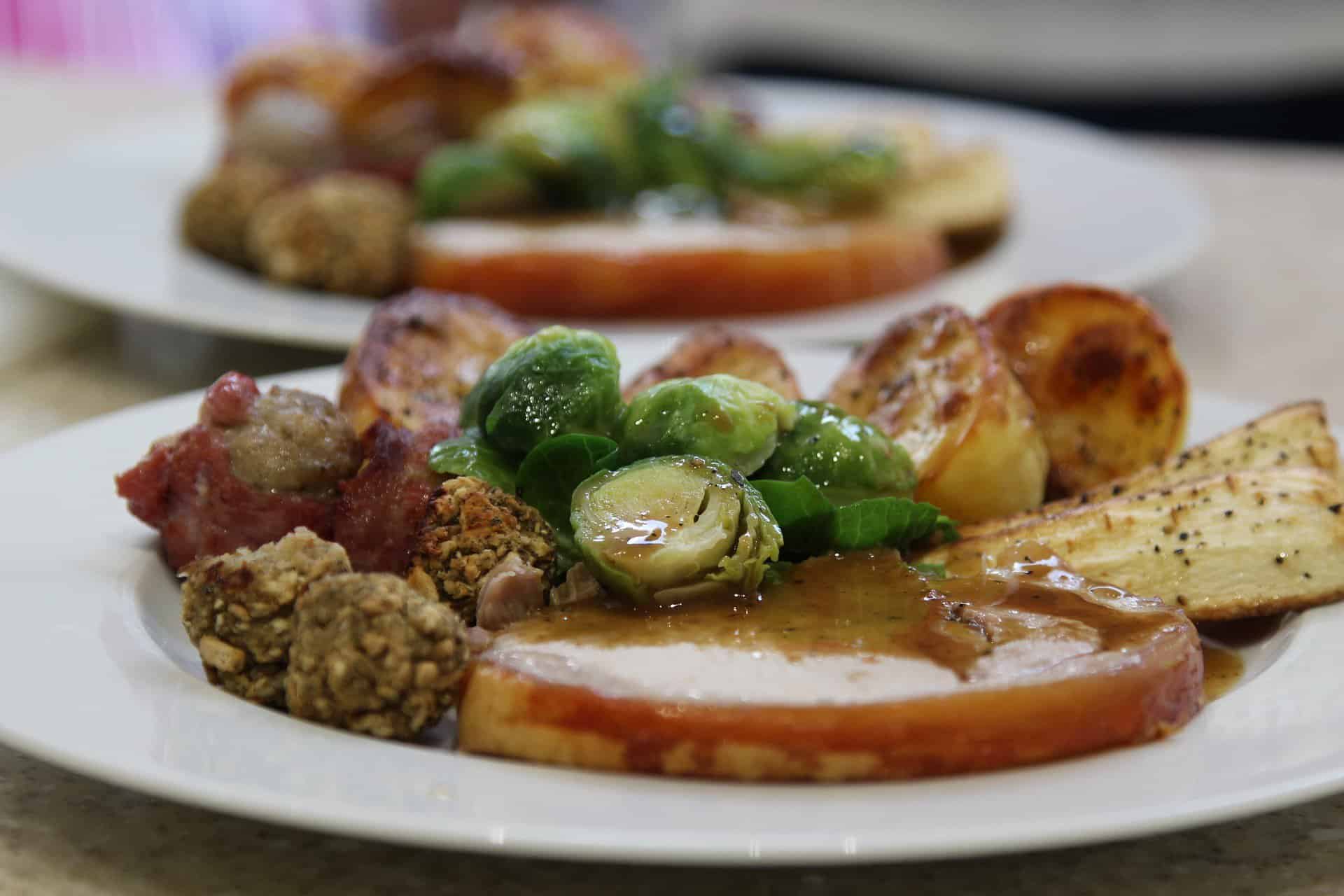 Christmas Dinner Gae48ac427 1920 Roast turkey, stuffing, roast potatoes and sprouts on a plate