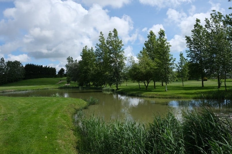 Lottbridge-Golf-Club Water running between two golf greens with trees on the right hand side.