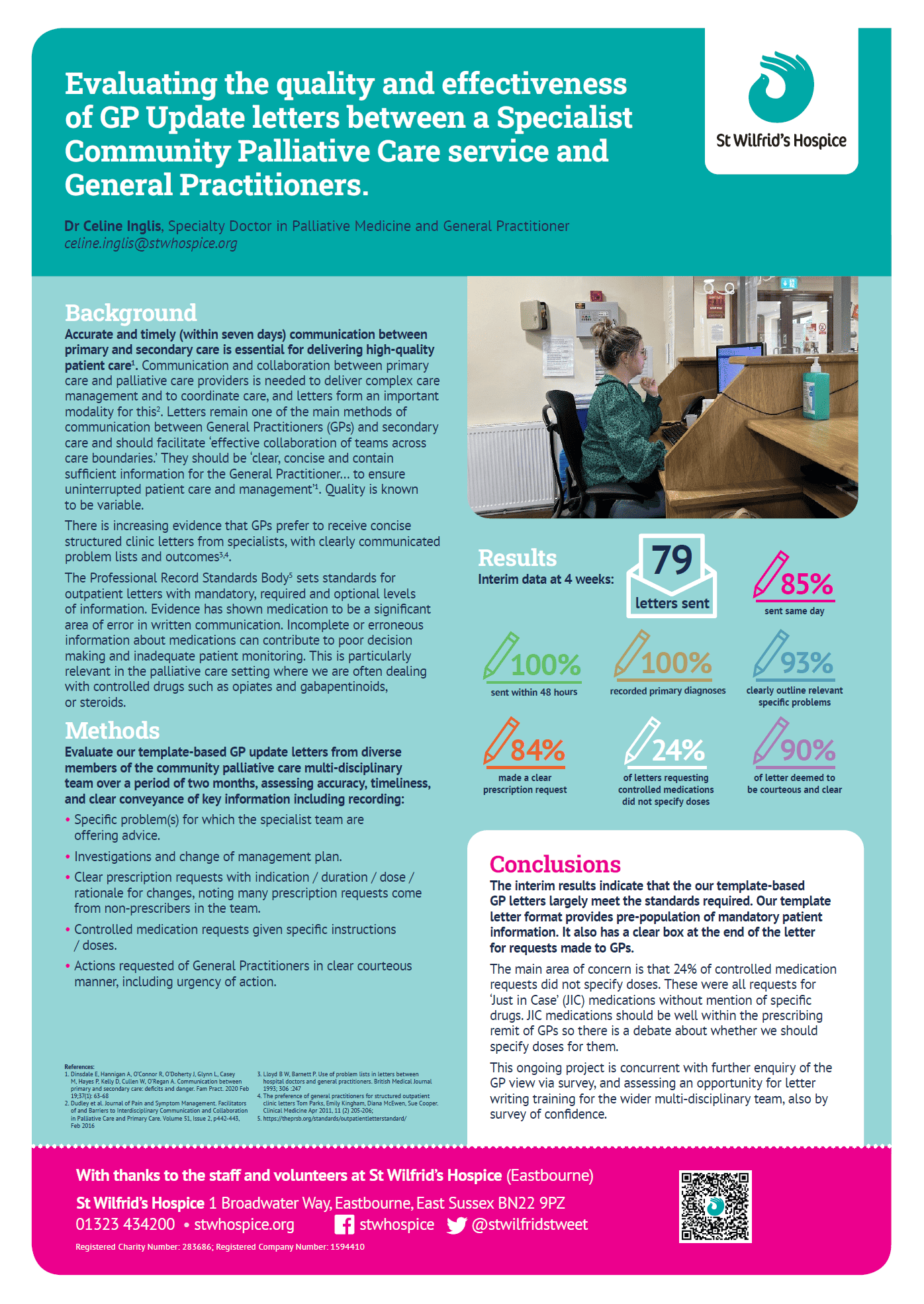 Conference poster: Evaluating the quality and effectiveness of GP Update letters between a Specialist Community Palliative Care service and General Practitioners. Background: Accurate and timely (within seven days) communication between primary and secondary care is essential for delivering high-quality patient care. Communication and collaboration between primary care and palliative care providers is needed to deliver complex care management and to coordinate care, and letters form an important modality for this. Letters remain one of the main methods of communication between General Practitioners (GPs) and secondary care and should facilitate ‘effective collaboration of teams across care boundaries.’ They should be ‘clear, concise and contain sufficient information for the General Practitioner… to ensure uninterrupted patient care and management’. Quality is known to be variable. There is increasing evidence that GPs prefer to receive concise structured clinic letters from specialists, with clearly communicated problem lists and outcomes. The Professional Record Standards Body sets standards for outpatient letters with mandatory, required and optional levels of information. Evidence has shown medication to be a significant area of error in written communication. Incomplete or erroneous information about medications can contribute to poor decision making and inadequate patient monitoring. This is particularly relevant in the palliative care setting where we are often dealing with controlled drugs such as opiates and gabapentinoids, or steroids. Methods Evaluate our template-based GP update letters from diverse members of the community palliative care multi-disciplinary team over a period of two months, assessing accuracy, timeliness, and clear conveyance of key information including recording: • Specific problem(s) for which the specialist team are offering advice. • Investigations and change of management plan. • Clear prescription requests with indication / duration / dose / rationale for changes, noting many prescription requests come from non-prescribers in the team. • Controlled medication requests given specific instructions / doses. • Actions requested of General Practitioners in clear courteous manner, including urgency of action. Results: Interim data at 4 weeks: 79 letters sent. 85% sent same day, 100% sent within 48 hours. 100% recorded primary diagnoses. 93% clearly outline relevant specific problems. 84% made a clear prescription request. 24% of letters requesting controlled medications did not specify doses. 90% of letter deemed to be courteous and clear. Conclusions: The interim results indicate that the our template-based GP letters largely meet the standards required. Our template letter format provides pre-population of mandatory patient information. It also has a clear box at the end of the letter for requests made to GPs. The main area of concern is that 24% of controlled medication requests did not specify doses. These were all requests for ‘Just in Case’ (JIC) medications without mention of specific drugs. JIC medications should be well within the prescribing remit of GPs so there is a debate about whether we should specify doses for them. This ongoing project is concurrent with further enquiry of the GP view via survey, and assessing an opportunity for letter writing training for the wider multi-disciplinary team, also by survey of confidence.
