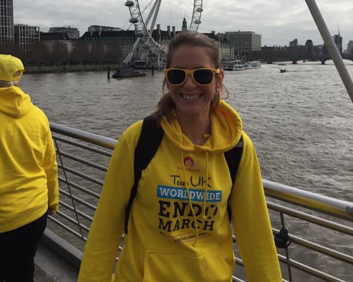 Woman in yellow Endometriosis jumper in front of London Eye